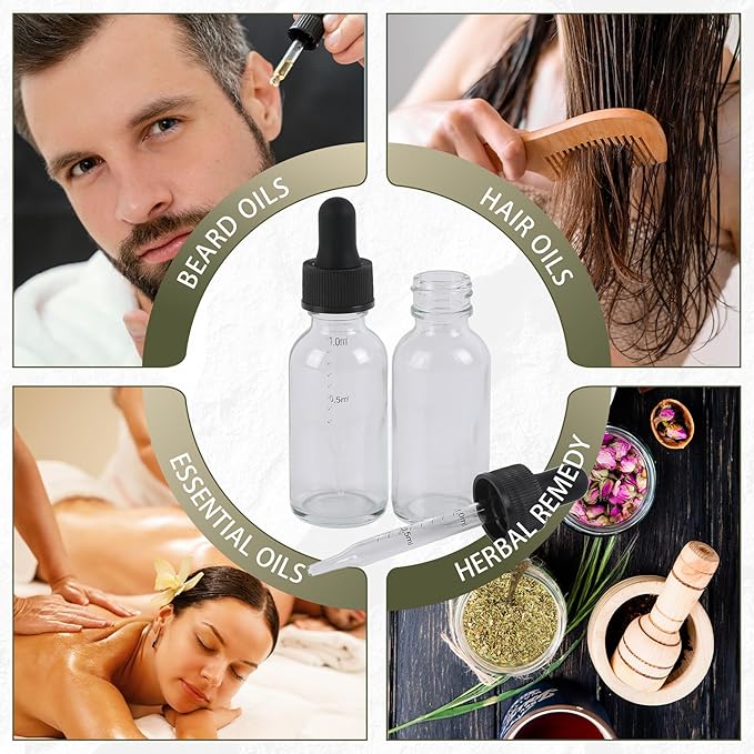 NOOEEISS 48 Pack,1oz Glass Dropper Bottle, Clear Tincture Bottles with Dropper, Pretty Finish for All Kinds of Liquids,Oil Bottles for Hair- Stronger Suction ideal for Leakproof Travel