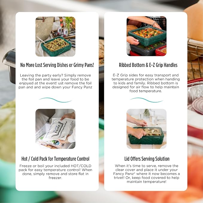 Fancy Panz Green Marble Premium Aluminum Foil Pan Carrier with Secure Latch Lid & Hot/Cold Gel Pack - Made in USA Reusable Casserole Carrier for Half Size Pans - Food Transport Holder for Entertaining