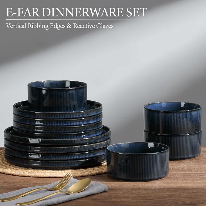 E-far 12-Piece Plates and Bowls Sets, Stoneware Dinnerware Dishes Sets for 4, Kitchen Modern Dining Dishware, Chip & Scratch Resistant, Microwave & Dishwasher Safe, Midnight Blue