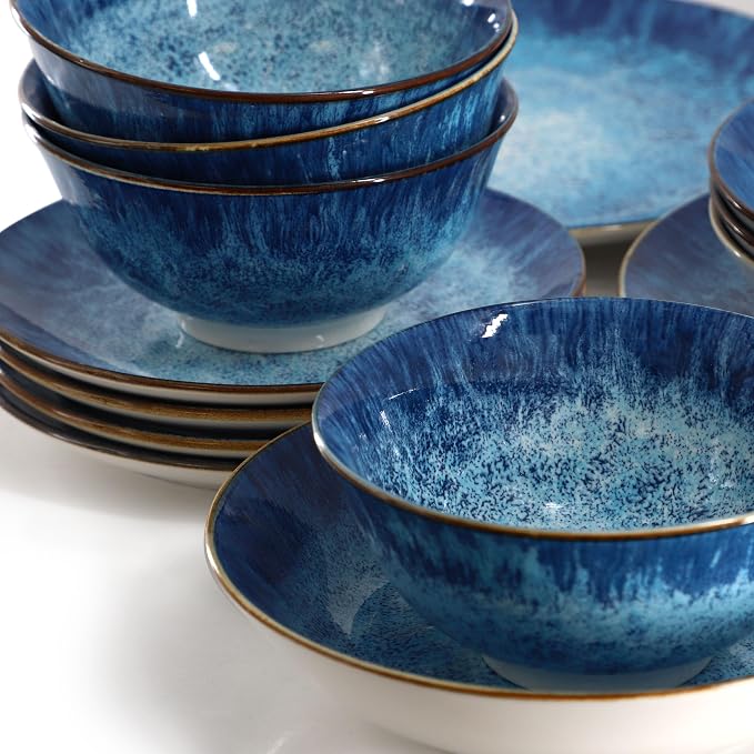 Elama Oceanus 16 Piece Round Shape Porcelain Double Bowl Dinnerware Set, Tableware Set, Table Setting- Service for 4 (Blue)