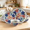 12-Piece Vibrant Floral Ceramic Dinnerware Set, Service for 4, Colorful Floral Plates and Bowls, Microwave & Dishwasher Safe, Bohemian Style Porcelain Dish Set