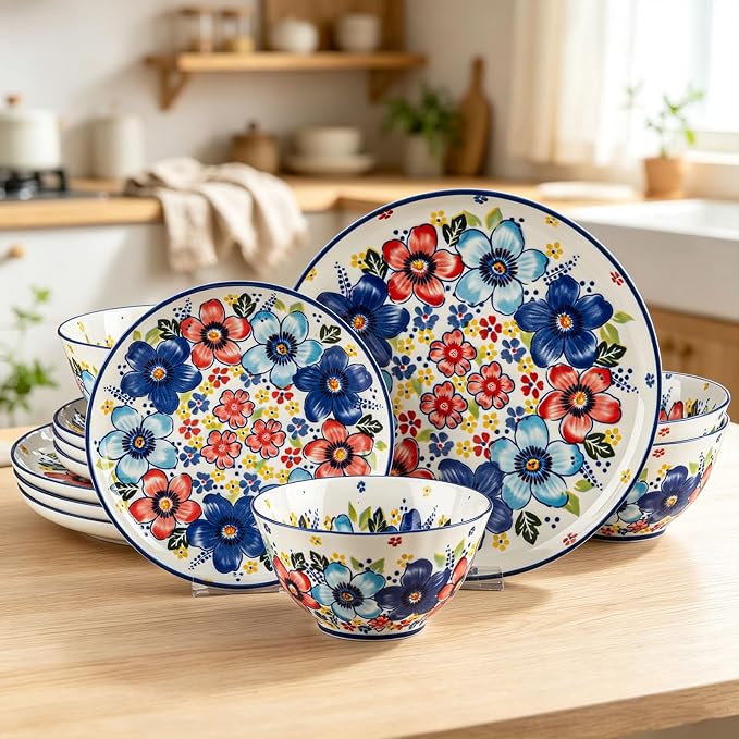 12-Piece Vibrant Floral Ceramic Dinnerware Set, Service for 4, Colorful Floral Plates and Bowls, Microwave & Dishwasher Safe, Bohemian Style Porcelain Dish Set
