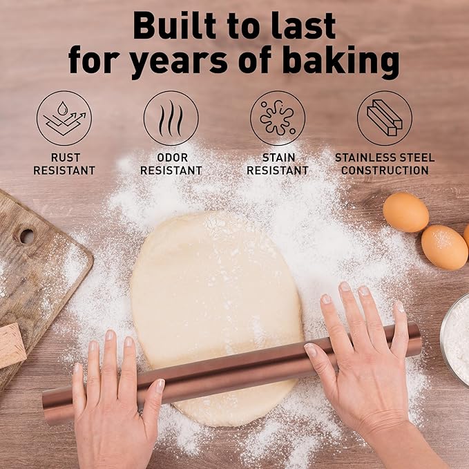 Zulay Kitchen 15.9 inch Professional Stainless Steel Rolling Pin - Lightweight Metal French Rolling Pin - Perfect for Baking, Fondant, Pizza Dough Roller, Dumpling - Copper