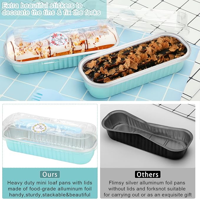 25Pack Mini Cake Pans Disposable Mini Loaf Pans with Lids and Spoons and Stickers, 6.8Oz Aluminum Foil Pans Tins, Individual Dessert Cups Containers for Sales,Party,Picnics Sky Blue
