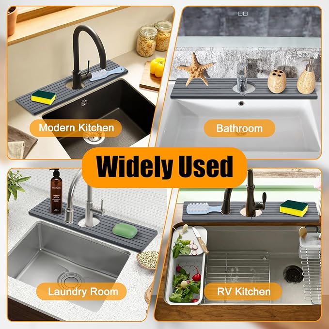 2 Pack Faucet Mat for Kitchen Sink, Diatomaceous Stone Mat, 23.6x4 Inch, Dark Grey, Quick Drying Splash Guard & Drip Catcher for Faucet Bathroom Counter
