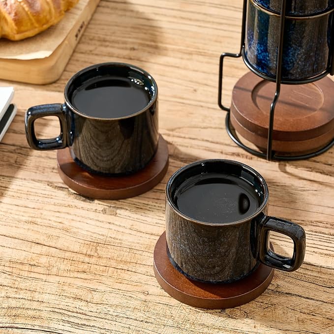 LUKA Porcelain Stackable Espresso Cups with Saucers and Metal Stand, 4 Ounce Small Ceramic Demitasse Cups Set for Latte, Specialty Coffee Drinks, Cafe Mocha,Tea - Set of 4, Reactive Blue