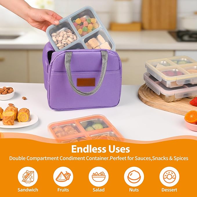 4 Pack Stainless Steel Snack Containers with Lids, 4-Compartment Leakproof Bento Snack Boxes, Reusable Dishwasher Safe Food Storage Containers for Adults, Office, Travel & Meal Prep (4pack-a)