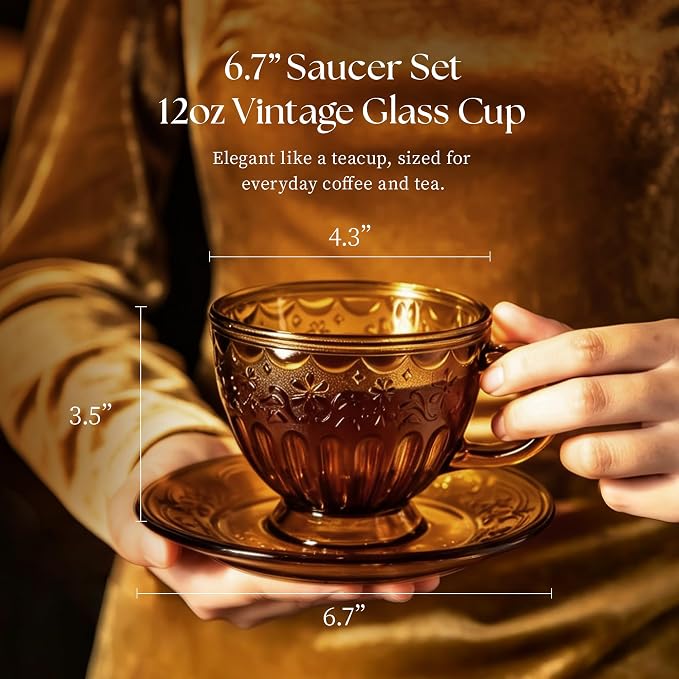 Handcrafted Vintage Glass Coffee Cup and Saucer Set, 12 oz Large Tea Cup with Round Saucer for Coffee, Latte, Tea, Gift for Women, Microwave & Dishwasher Safe, Golden Amber