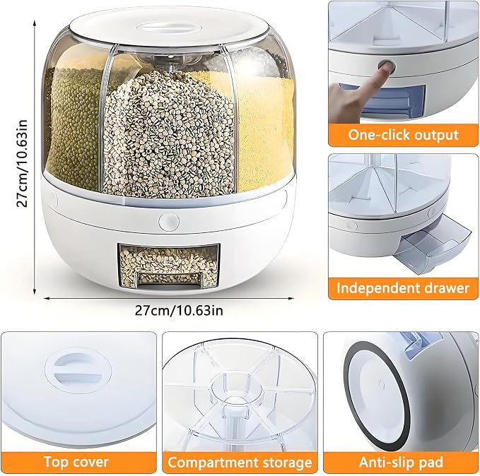 Rotating Grain Storage Bin 6 Grids Rice Container One-Click Output Large Capacity Food Dispenser For Rice Grains Sealed Moisture Proof Organizer (Grey) (Large)