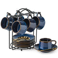YHOSSEUN Espresso Cups Set of 6, 4 OZ Expresso Shots Cup with Sacuers, Spoons, and Metal Stand, Ceramic Coffee Espresso Cups for Father's Day, Espresso Accessories for Machine, Blue