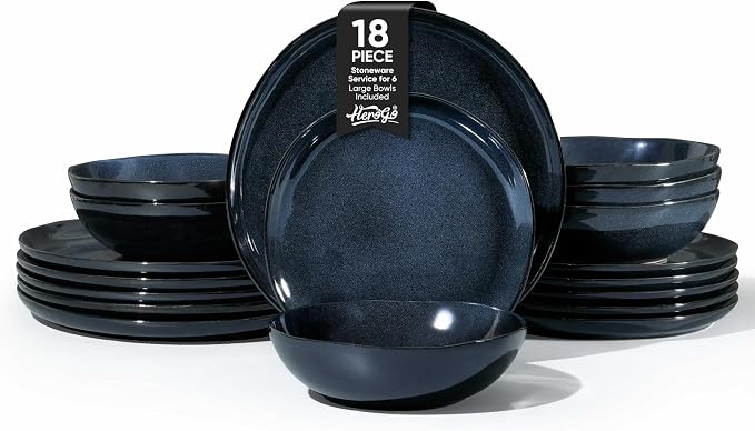 Herogo 18pcs Stoneware Dinnerware Sets for 6, Irregular Handmade Dinner Plates and Bowls, Kitchen Dining Dish Dishware Set, Microwave & Dishwasher Safe,Starry Blue