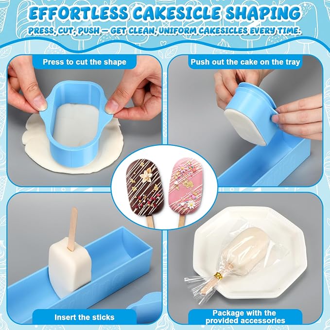 3in Cakesicle Cutter with 9in Tray, Cakesicle Mold Set with 100 Sticks, 100 Bags and 100 Ribbons, Baking Tools for Home Baking, Birthday Parties, Wedding Desserts(Blue)