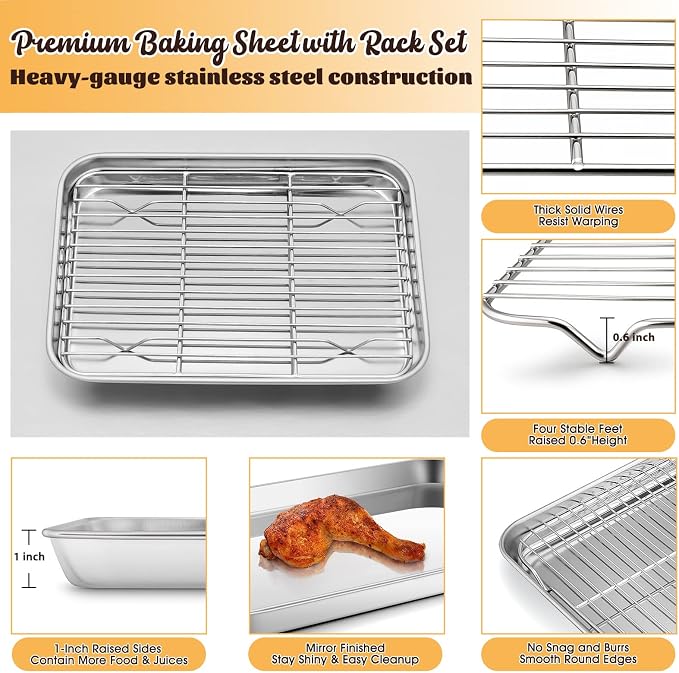 Metal Toaster Oven Tray Set, E-far 10.5”x8.3” Small Stainless Steel Baking Pan with Wire Rack for Cooking Broiling, Rimmed Metal Sheet for Roasting Cooling Cookie Bacon Steak