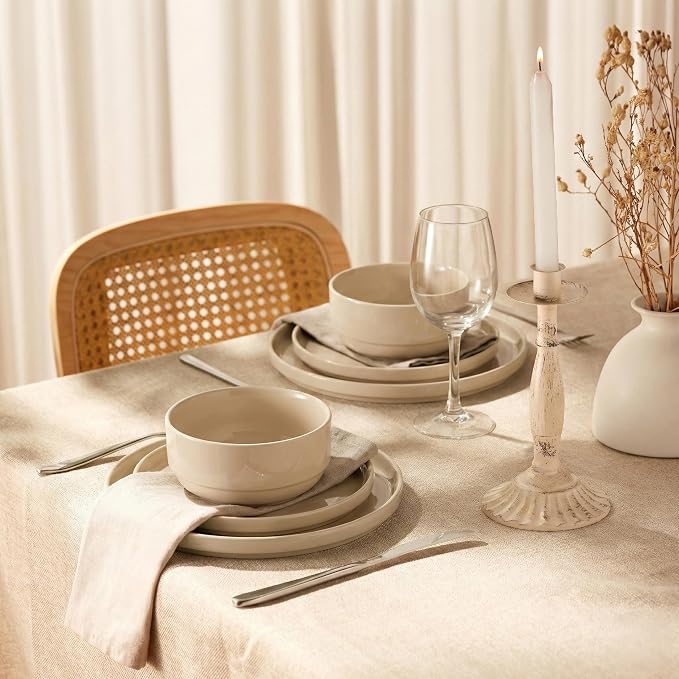 Vase and Vessel Ceramic Dinnerware Set, 12-Piece Service for 4, Soup Bowls (25 oz), Salad Plates (7.5"), Dinner Plates (10"), Round, Microwave and Dishwasher Safe, Sand, Cambridge Classics
