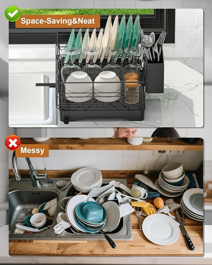 Dish Drying Rack Expandable Rack for Kitchen Counter, Carbon Steel Dish Racks Rust-Proof Large Capacity Dish Drainer with Utensil Holder, Space Saving for Bowls, Plates & Cups, Black