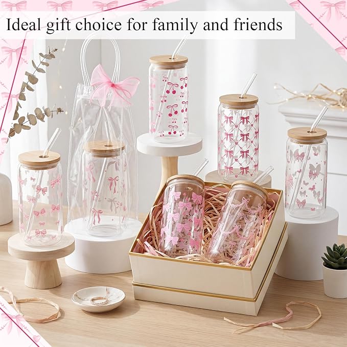 Mumufy 16 Sets Coquette Bow Glass Cups with Clear Gift Bag 16 oz Reusable Pink Iced Coffee Mugs Aesthetic Cute Tumbler with Lids and Straws, Gifts for Girls Women Bridesmaid