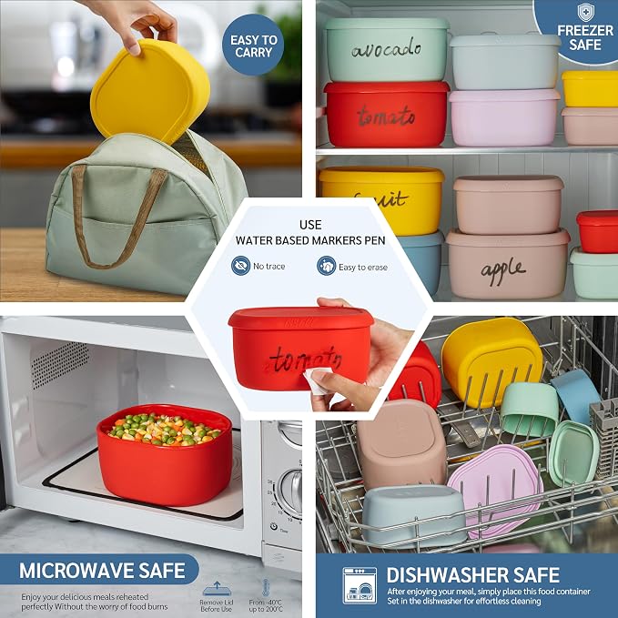 ISSEVE 12Pcs/Set Nesting Silicone Food Storage Containers with Lids, BPA Free Reusable Meal Prep Silicone Containers Airtight, Freezer Dishwasher Safe (33.8oz, 20oz, 10oz, 6.7oz, 1.3oz) (Red)