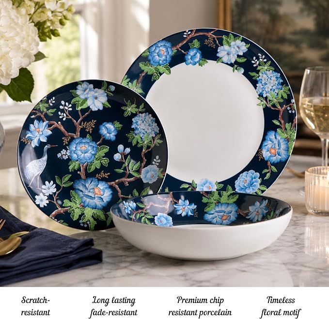 222 Fifth 12-Piece Porcelain Dinnerware Set for 4, Luxury White & Bohemian Blue Plates and Bowls Set, Glossy Ceramic Dish Set with Detailed Floral, Microwave & Dishwasher Safe Dishes, Nightingale
