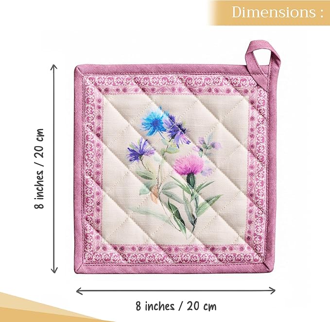 Maison d' Hermine Pot Holders 100% Cotton Heat Resistant Potholders 8" x 8" Hot Pads with Loop BBQ Cooking Baking Gifts for Mothers Day Handling Hot Pans Spring/Summer (Pack of 2, Chardon)