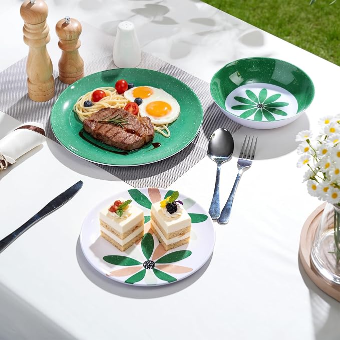 Outdoor Melamine Dinnerware Set 12 Pieces, Spring Party Green Flowers