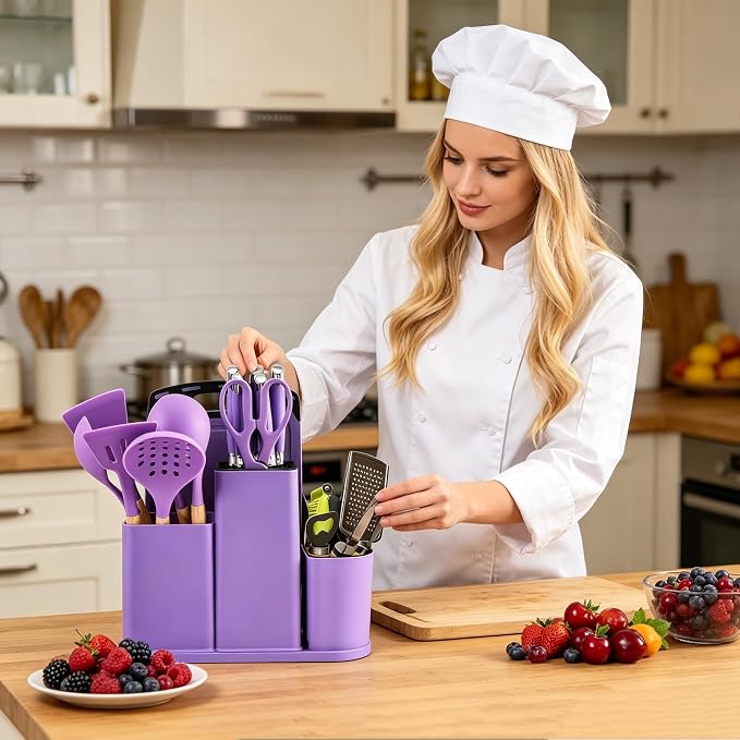 Kitchen Utensils and Knives Set, 20PCS Knife and Cooking Spoon Tools Set with Storage Holder, Sharp Stainless Steel Knife Sets with Bread, Chef Knife (Purple)