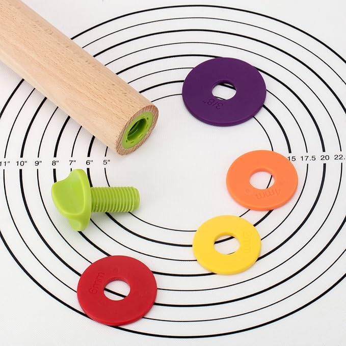 Rolling Pin with Thickness Rings for Baking,Fondant, Pizza, Pie Crust, Cookie, Pastry, Roller Rod for Dough Thickness, 13.6" Adjustable Wooden Rolling Pin with 4 Thickness Rings