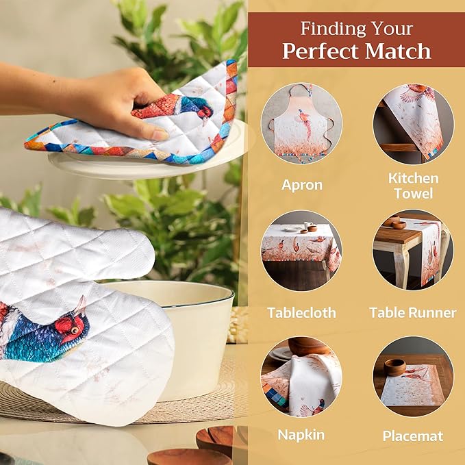 Maison d' Hermine Pot Holders Set 100% Cotton Heat Resistant Potholders 8" x 8" Hot Pads with Loop for Thanksgiving Christmas Decorations BBQ Baking Handling Hot Pans (Pack of 2, Faisan D'Automne)
