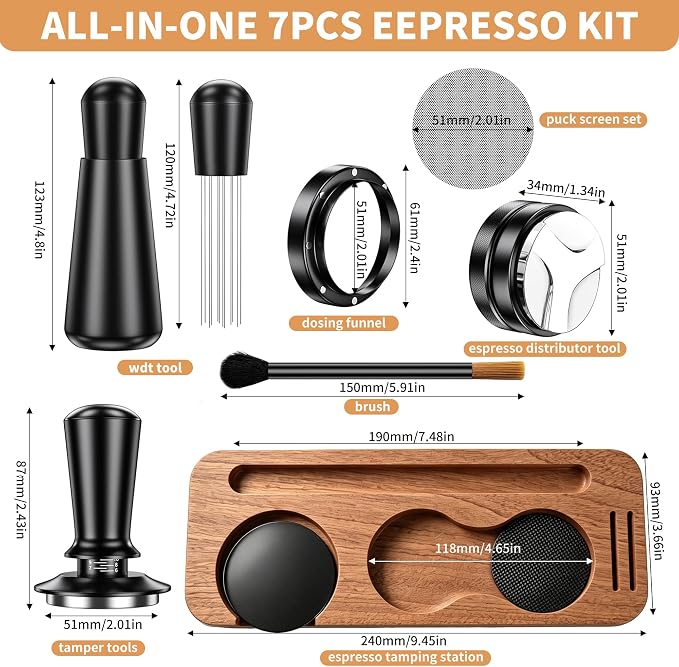 7-Piece 51mm Espresso Accessories Kit with Wood Tamping Station | Wood tamping station with tamper, distributor, WDT tool, dosing funnel, milk pitcher and puck screen for home espresso