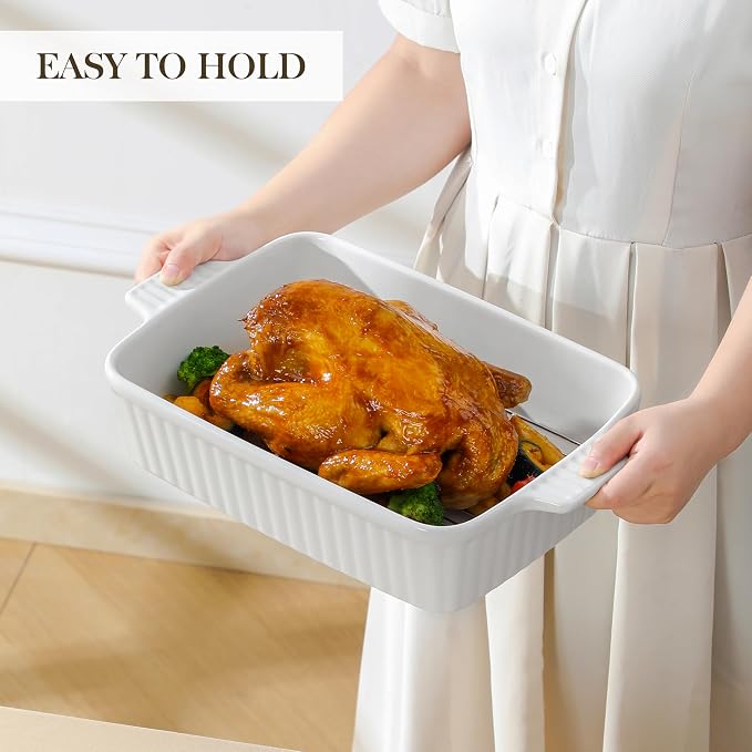 MALACASA 4.4 QT Baking Dish with Rack, 9x13 Large Casserole Dish for Oven, Ceramic Baking Pan with Rack, Rectangular Lasagna Pan Deep with Handles for Baking, Durable Microwave Oven Safe, White