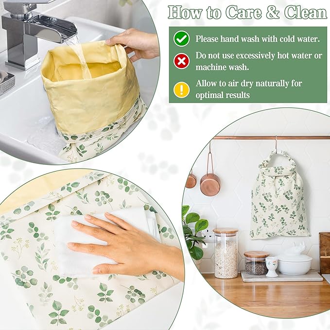 Reusable Beeswax Bread Bags - 2 Pack Bees Wax Food Bag, Homemade Sourdough Bread Storage, 2-in-1 Linen Cotton Large Freezer Container Home Baking Accessories with Lining (Eucalyptus Leaf)