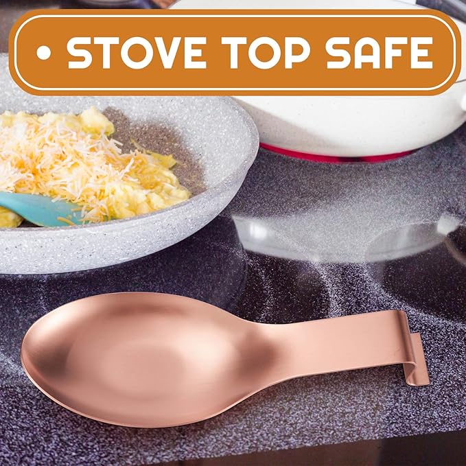 Nuanchu 6 Pcs Stainless Steel Spoon Rest Spatula Ladle Holder Spoon for Stove Top Heavy Duty Spatula Holder for Countertop Dishwasher Safe Utensil Rest for Kitchen, 3.8 x 9.6" (Rose Gold)