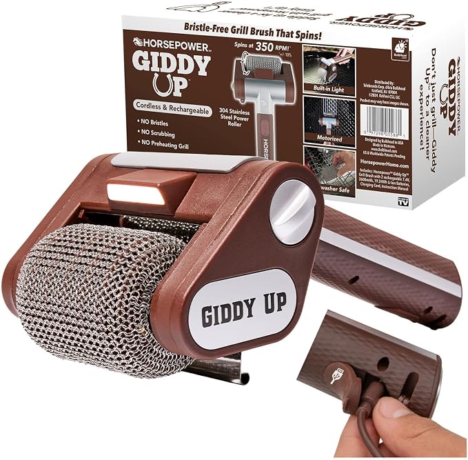 HorsePower Giddy Up Grill Cleaner AS SEEN ON TV! – Cordless, Rechargeable BBQ Tool with 350 RPM Stainless Roller, LED Light – Patents Pending – From BulbHead, a Family-Owned American Brand