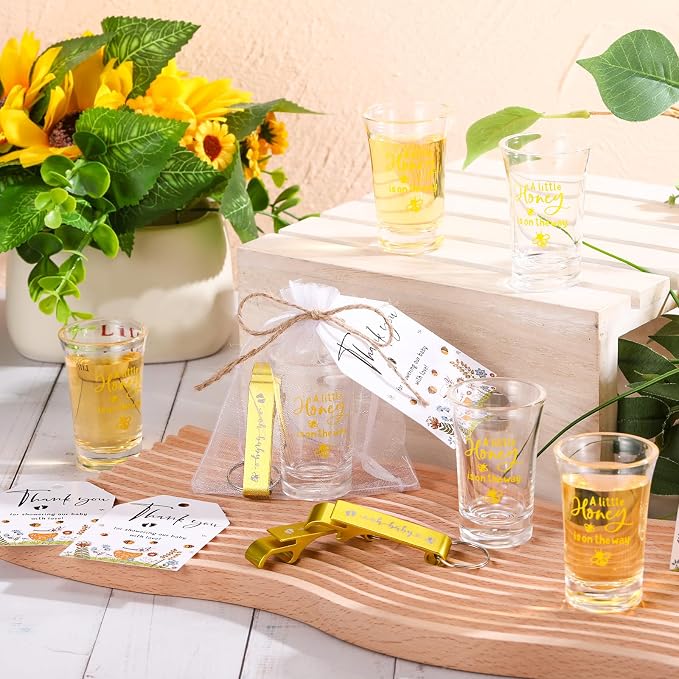 50 Sets Baby Shower Favor for Guests Acrylic Shot Glasses with Bottle Opener Keychains Thank You Tags and Bags Gender Reveal Party Favors for Guest Baby Shower Return Gift(Bee)