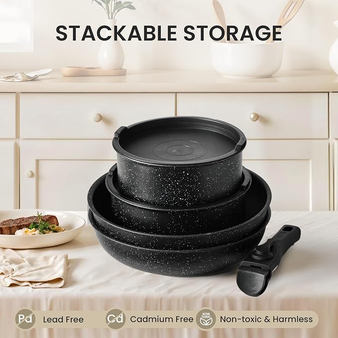 HealSmart 12 Pcs Cookware Set, Granite Non Stick Pots & Pans with Removable Handles, High Heat Resistant Oven Safe Cooking Kit, PFAS & PFOA Free Kitchen Cooking Ware, Black