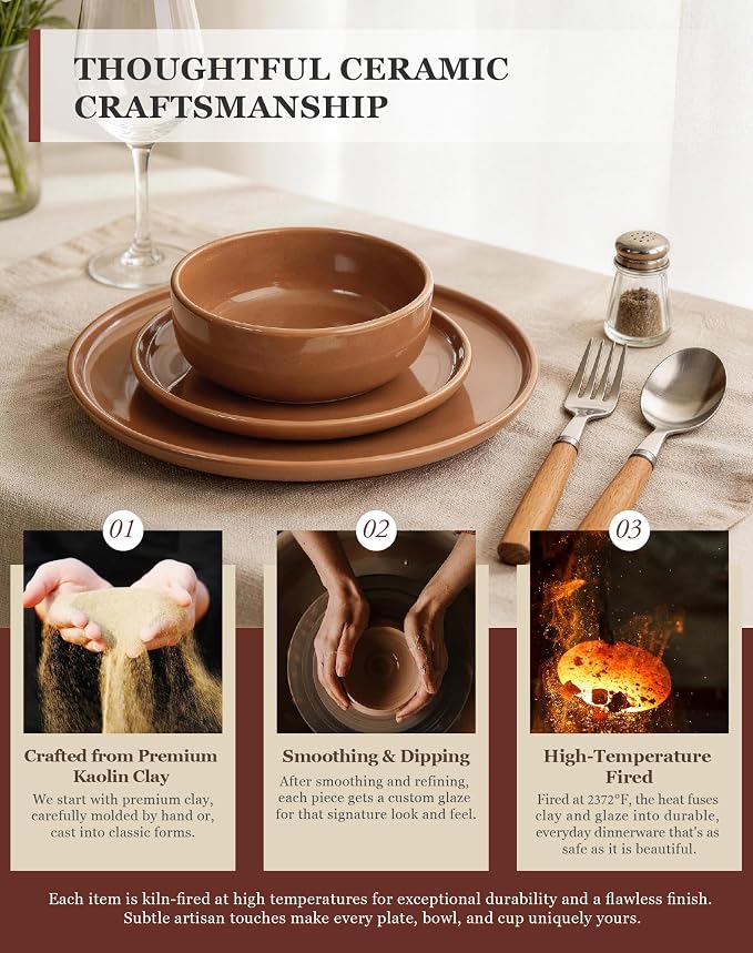 OTAGO 16-Piece Brown Stoneware Dinnerware Set for 4 with Mugs, Plates and Bowls Sets with Partially Unglazed Base, Scratch Resistant Ceramic Dish Set, Microwave & Dishwasher Safe for Kitchen