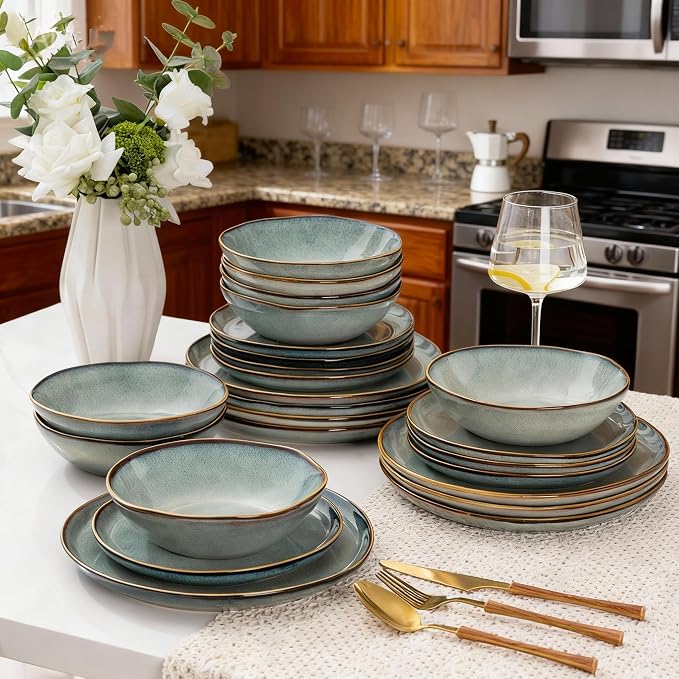 AmorArc Ceramic Dinnerware Sets,Handmade Reactive Glaze Stoneware Plates and Bowls Sets,Highly Scratch Resistant | Dishwasher & Microwave Safe Dishes Set,Service for 6 (18pc)