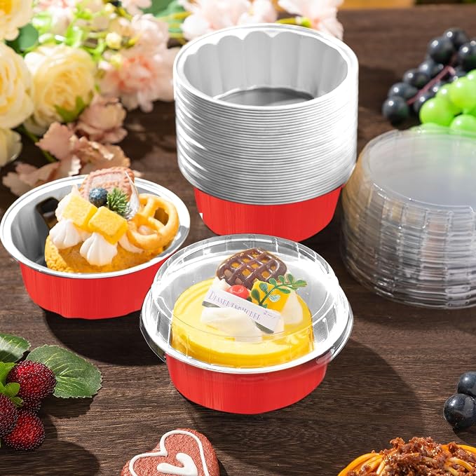 Tessco for you 150 Pcs Disposable Ramekins with Lids 8 oz Creme Brulee Ramekin Aluminum Foil Cup Cupcake Liner Baking Valentines Disposable Muffin Tin Pan Cheesecake Container (Red,Silver)