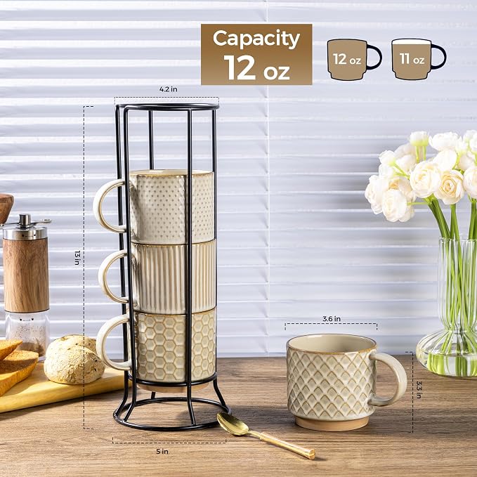 GBhome 12OZ Stackable Coffee Mugs with Stand, Ceramic Coffee Mugs with Texture Patterns for Man,Woman,Dad,Mom, Modern Coffee Cups Set of 4 for Latte/Cappuccino/Cocoa. Dishwasher&Microwave Safe