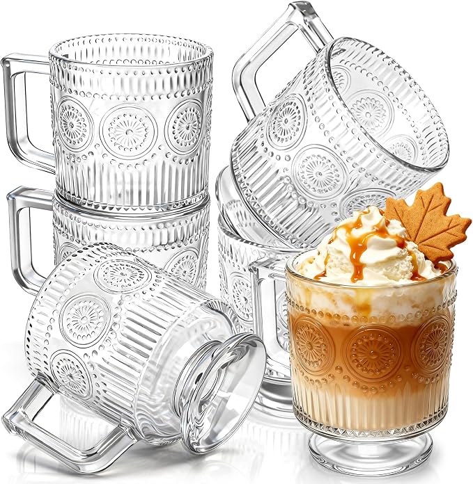 Pumtus 6 Pack Glass Coffee Mugs, 8 OZ Footed Irish Tea Cup with Handle, Embossed Floral Latte Cappuccino Mug, Clear Romantic Glassware for Chocolate, Espresso, Smoothie, Cocktail, Cold Drinks