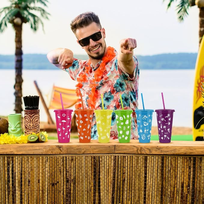 Kochorie 24 oz Hawaiian Luau Tumbler Cups with Straw and Lid - 6 Design Reusable Plastic Travel Mug Cup for Luau, Tiki Party Favors