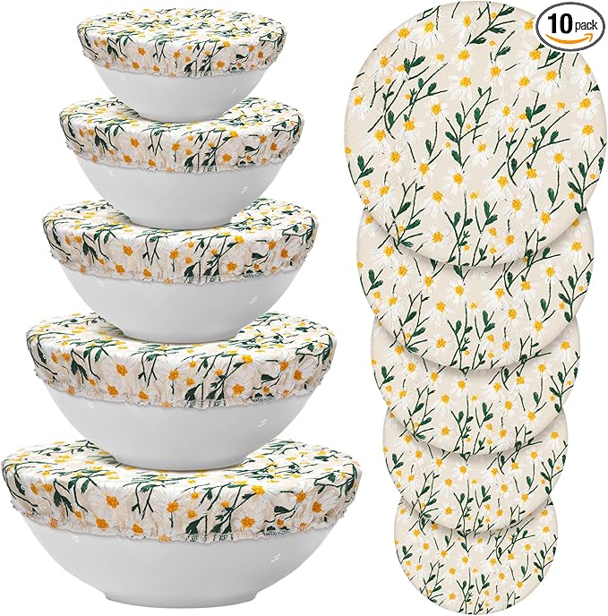 Patelai 10 Pcs Bowl Covers Reusable in 5 Size Stretch Cloth Fabric Elastic Food Storage Bowl Covers Bread Sourdough Lids for Proofing Food Fruits Leftover(Yellow, Green, White,Chrysanthemum)