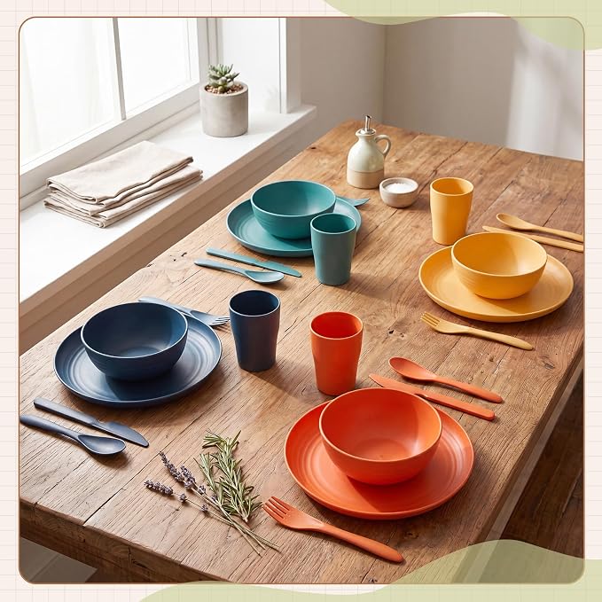 Zhehao 72 Pcs Wheat Straw Dinnerware Sets for 12 Dishwasher Microwave Safe Unbreakable Reusable Kitchen Cups, Plates, Bowls Cultery Sets for Patio, Outdoors, Rv, Camping Dishes (Multicolor)