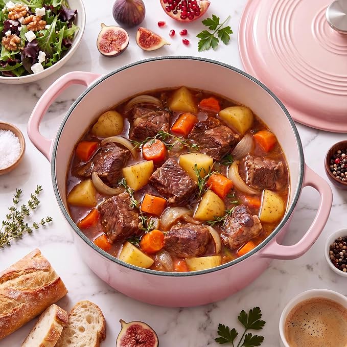 DUMOS Cast Iron Dutch Oven, 6 Quart Pot with Lid, Enameled Heavy Duty Cookware, Oven Safe to 500°F, Perfect for Bread Baking, Braising, Stews and Roasting, Moisture Sealing Lid with Dual Handles, Gradient Pink