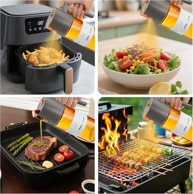 LAKUMIQI 2 in 1 Oil Sprayer for Cooking, 17oz Light-Blocking Glass Spray Bottle with Stickers, Oil Dispenser for Salad, Air Fryer & BBQ