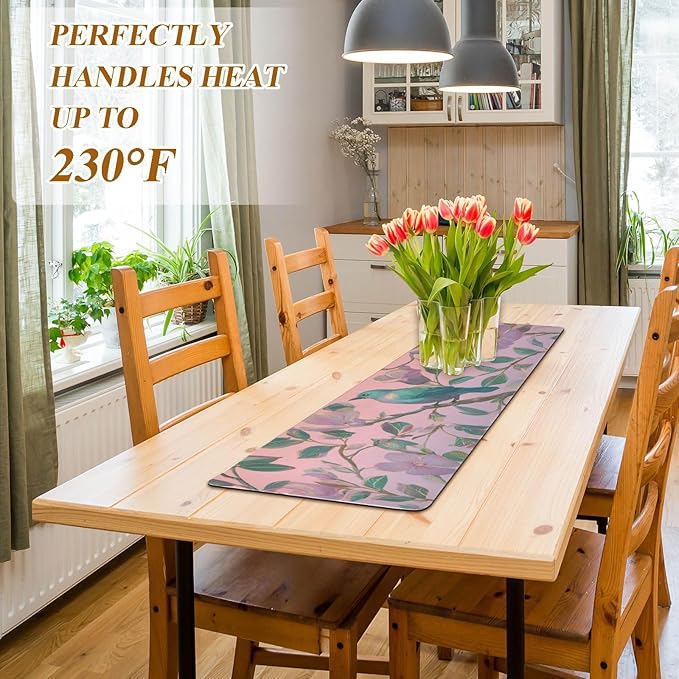 2-in-1 Table Runner Trivet for Hot Dishes Heat Resistant Hot Plate Mat Pad 39x12 Inch Waterproof Table Protector Trivets for Countertop Non Slip Decorative Vintage Birds and Pink Flowers