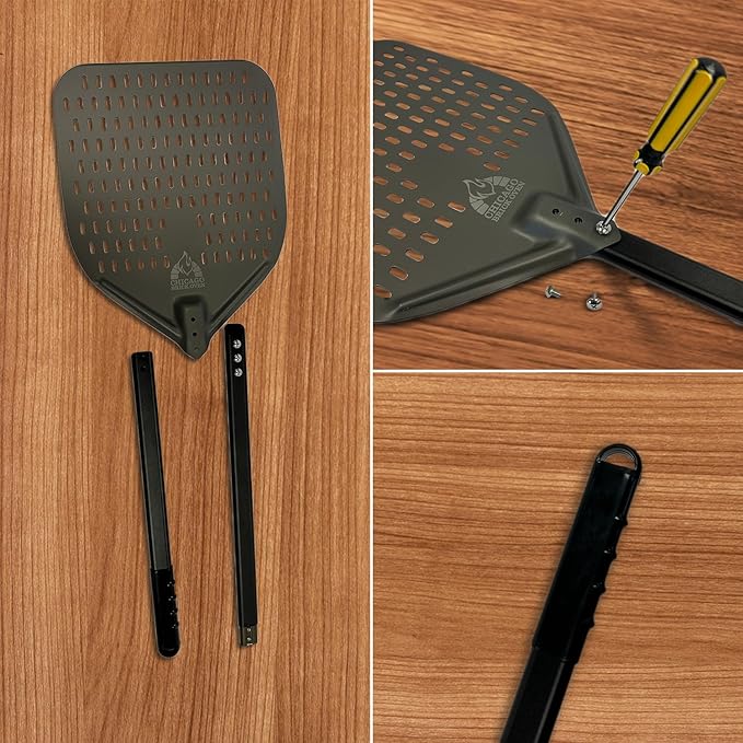 Chicago Brick Oven Perforated Pizza Peel - 12"x15" Anodized Aluminum Pizza Steel, 32" Handle, 47" Overall Length - Ideal Pizza Turning Peel for Pizza Oven, Brick Oven, Baking Bread