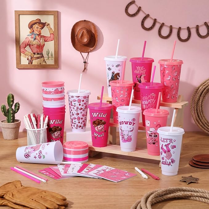 Feifeiya 72 Pcs/ 24 Set Cowgirl Cups Set 24 oz Staff Pink Tumbler with Lids and Straws Inspiration Ballpoint Pens Bulk for Cowgirl Party Favors Rodeo Party Birthday Decoration Supplies