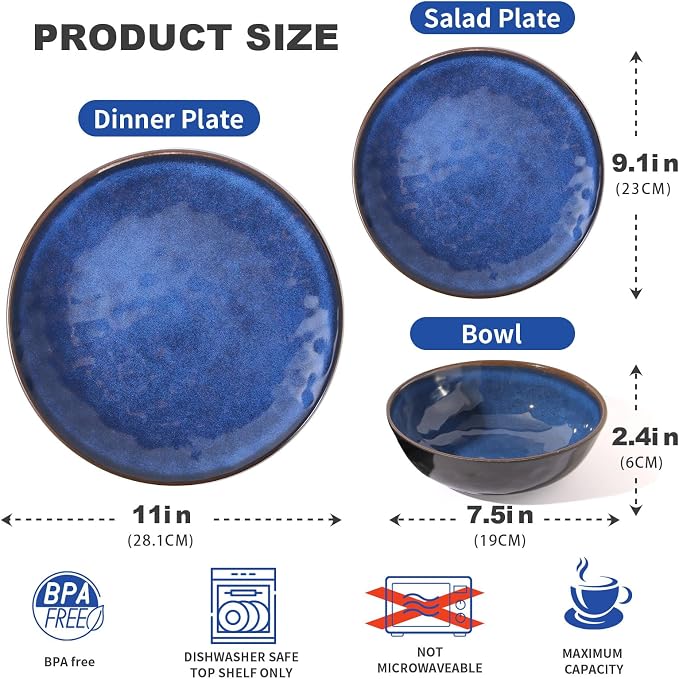 Rustic Farmhouse 12 Piece Melamine Dinnerware Sets - Service for 4, Lightweight with 11" Platesx4,9"Salad Pates x4 and 8"Bowlsx4, for Indoor and Outdoor Use, Unbreakable Kitchen Dinnerware, Blue
