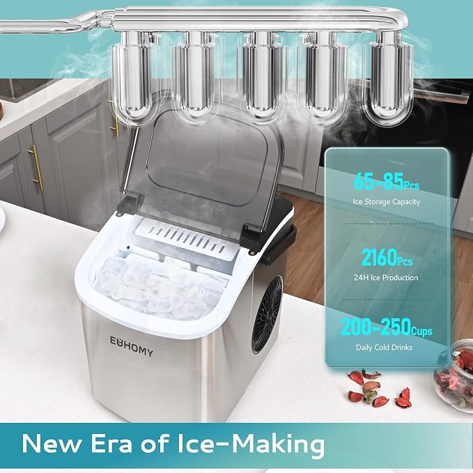 EUHOMY Countertop Ice Maker Machine with Handle, 26lbs in 24Hrs, 9 Ice Cubes & Perfect Stix Icebag10TT-50 Ice Bag with Twist Tie Enclosure, 10 lbs (50/Pk), Clear
