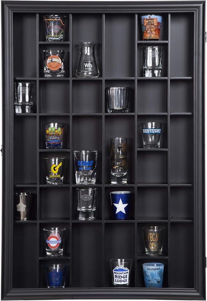 Gallery Solutions - Black Wall-Mounted - Curio & Shot Glass Display Case - 17"x26" Glass Door - Bar Accessories - Collectible - Miniature Glassware - Bar Accessories